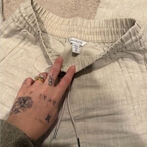 Athleta Beige Drawstring Linen-Blend Joggers